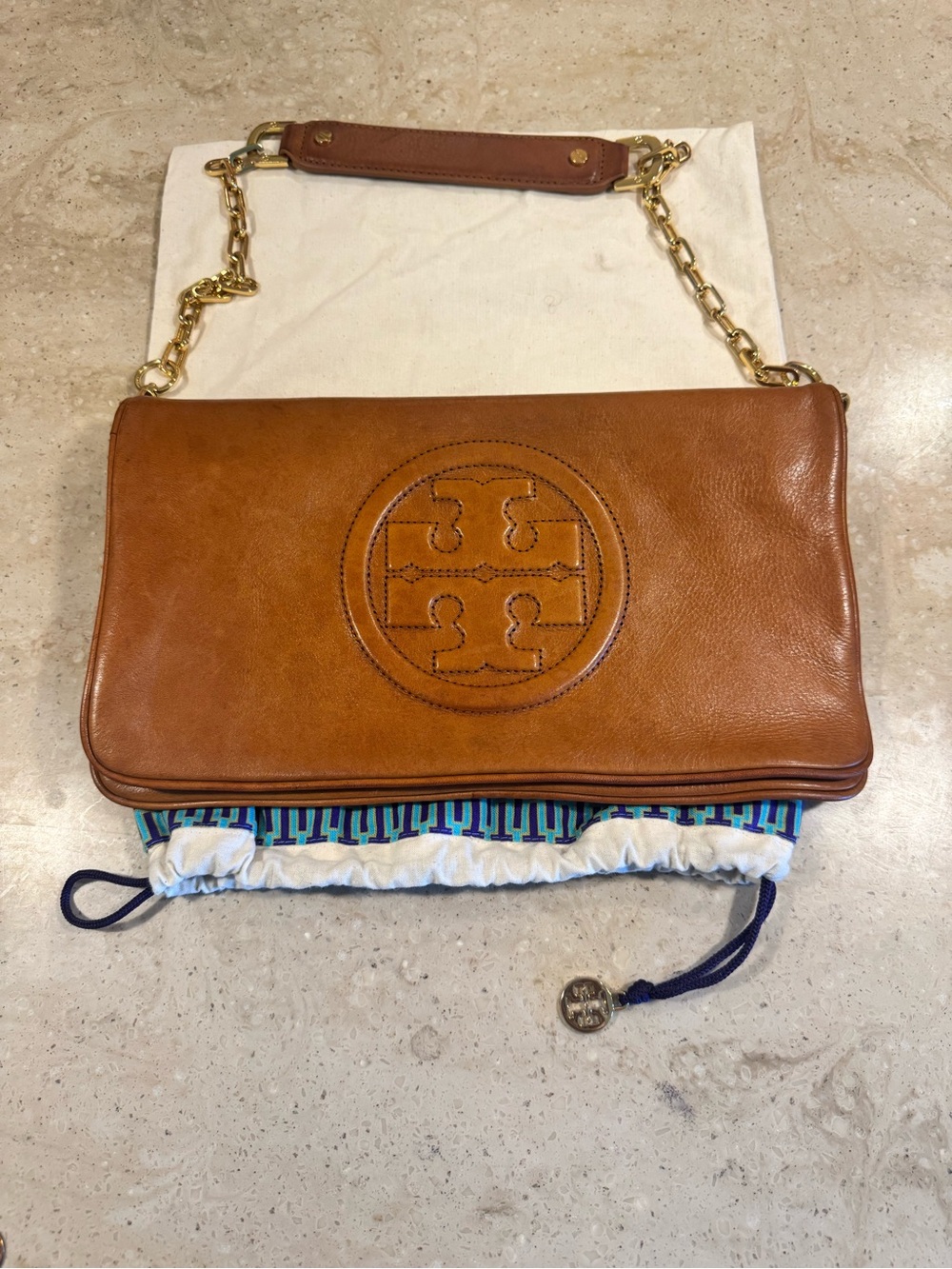 Tory Burch Cognac Leather Fold over Clutch Chain Bag - Picture 2 of 5